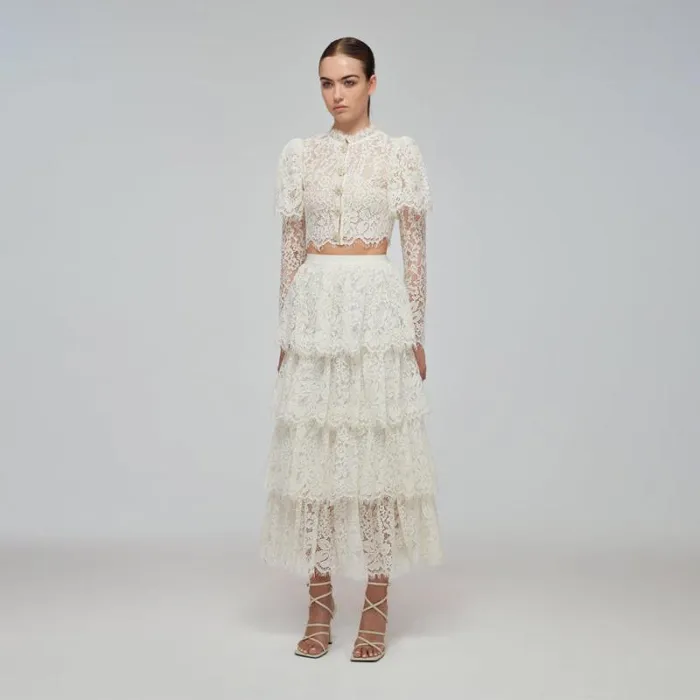 Bottoms Woman SelfPortrait Ivory Corded Lace Tiered Midi Skirt Bottoms Woman SelfPortrait Ivory Corded Lace Tiered Midi Skirt