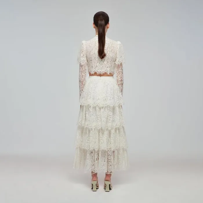 Bottoms Woman SelfPortrait Ivory Corded Lace Tiered Midi Skirt Bottoms Woman SelfPortrait Ivory Corded Lace Tiered Midi Skirt