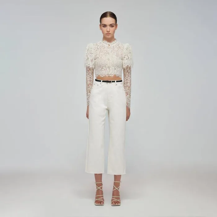 Bottoms Woman SelfPortrait Ivory Corded Lace Tiered Midi Skirt Bottoms Woman SelfPortrait Ivory Corded Lace Tiered Midi Skirt