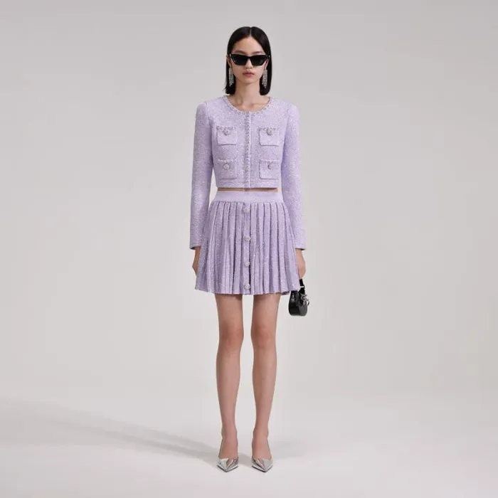 Bottoms Woman SelfPortrait Lilac Sequin Pleated Knit Skirt