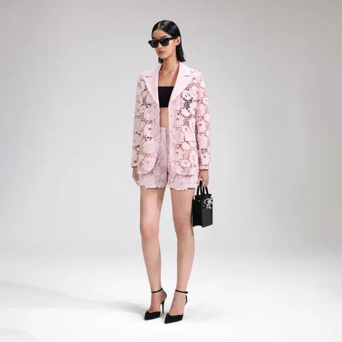 Bottoms Woman SelfPortrait Pink 3D Cotton Lace Shorts Bottoms Woman SelfPortrait Pink 3D Cotton Lace Shorts