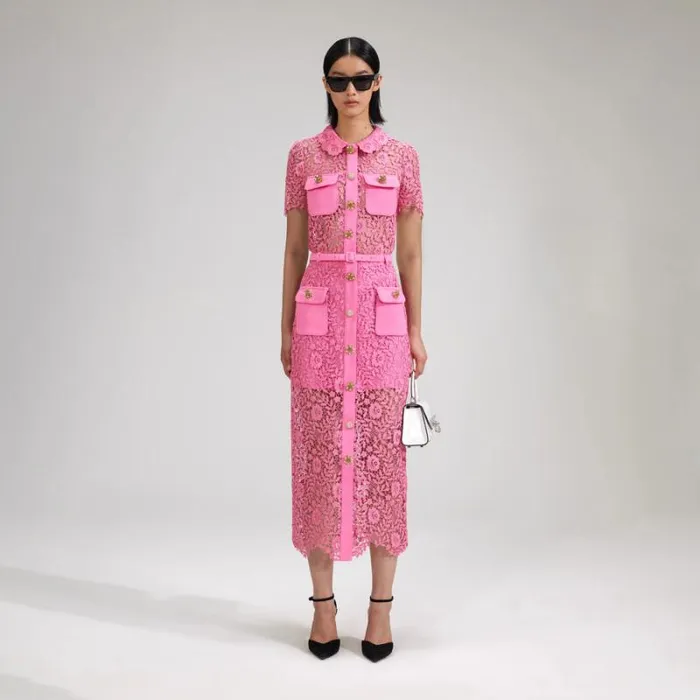 Bottoms Woman SelfPortrait Pink Rose Lace Midi Skirt