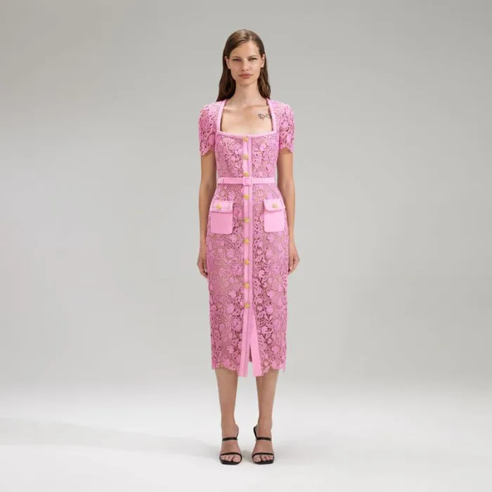 Bottoms Woman SelfPortrait Pink Rose Lace Midi Skirt Bottoms Woman SelfPortrait Pink Rose Lace Midi Skirt