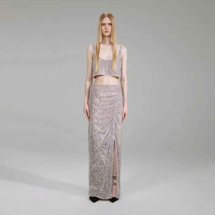Bottoms Woman SelfPortrait Stretch Sequin Maxi Skirt