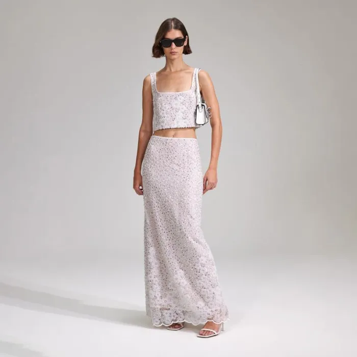 Bottoms Woman SelfPortrait White Beaded Sequin Maxi Skirt