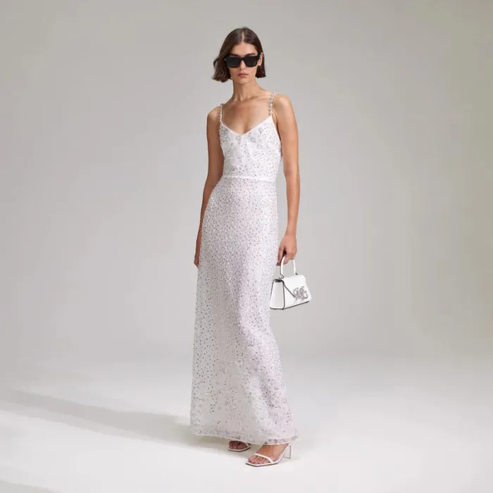 Bottoms Woman SelfPortrait White Beaded Sequin Maxi Skirt Bottoms Woman SelfPortrait White Beaded Sequin Maxi Skirt