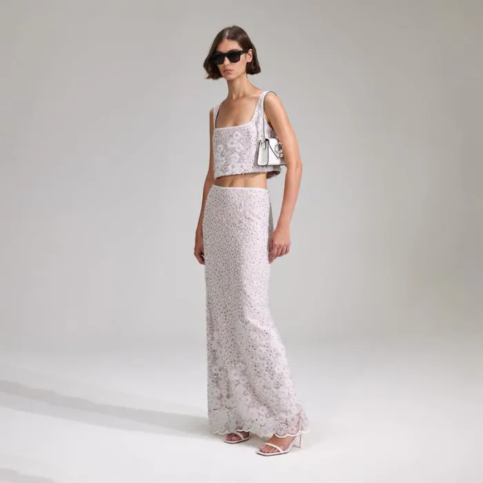 Bottoms Woman SelfPortrait White Beaded Sequin Maxi Skirt Bottoms Woman SelfPortrait White Beaded Sequin Maxi Skirt