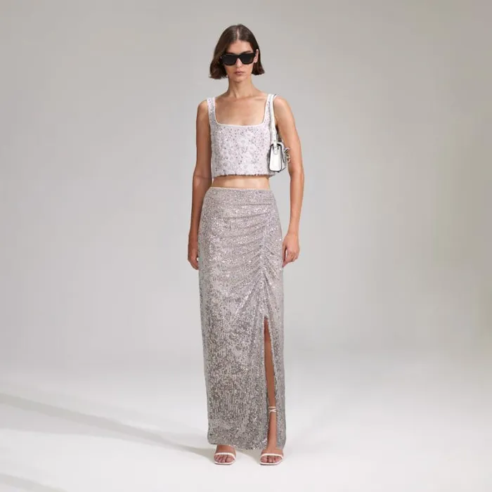 Bottoms Woman SelfPortrait White Beaded Sequin Maxi Skirt Bottoms Woman SelfPortrait White Beaded Sequin Maxi Skirt