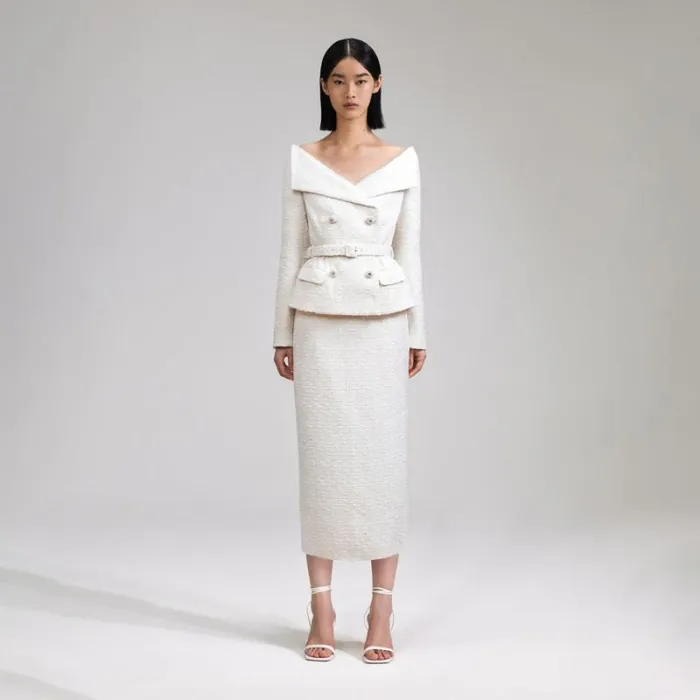 Bottoms Woman SelfPortrait White Boucle Midi Skirt Bottoms Woman SelfPortrait White Boucle Midi Skirt