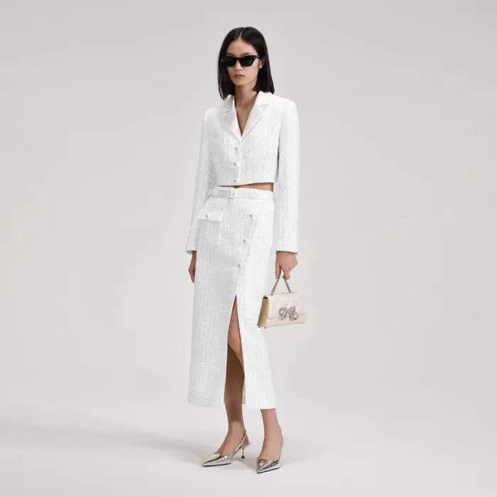Bottoms Woman SelfPortrait White Boucle Midi Skirt Bottoms Woman SelfPortrait White Boucle Midi Skirt