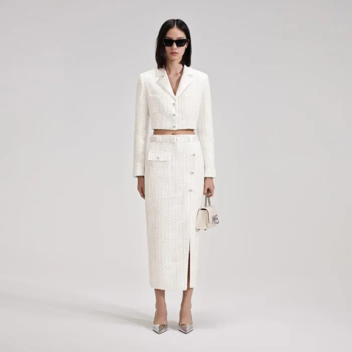 Bottoms Woman SelfPortrait White Boucle Midi Skirt Bottoms Woman SelfPortrait White Boucle Midi Skirt