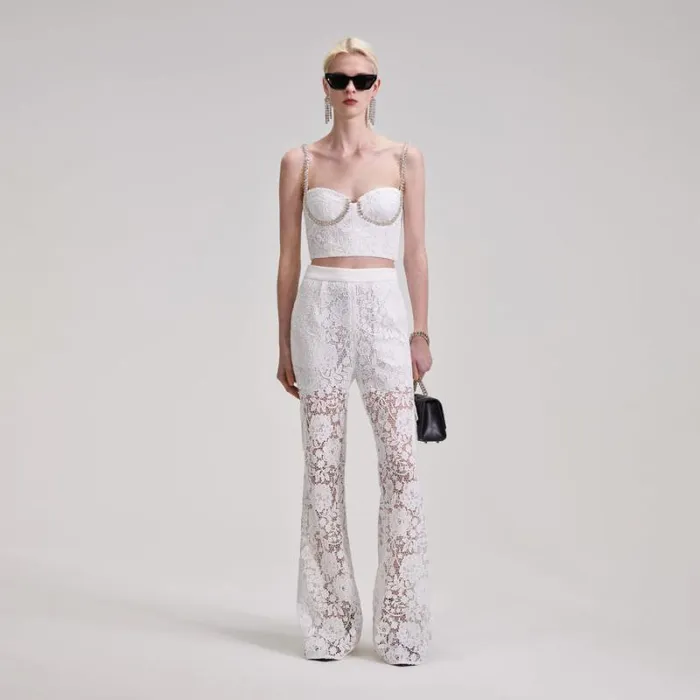 Bottoms Woman SelfPortrait White Cord Lace Trousers