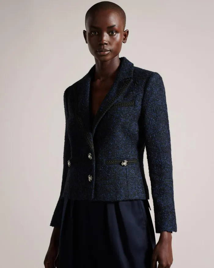 Boucle Blazer With Embellished Detail Dark Blue Women Ted Baker Clothing Boucle Blazer With Embellished Detail Dark Blue Women Ted Baker Clothing