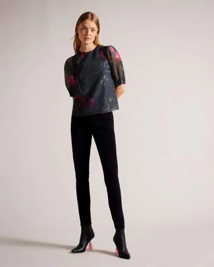 Boxy Cropped Top With Puff Sleeve Black Women Ted Baker Clothing