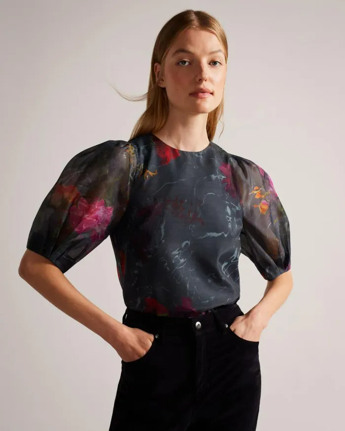 Boxy Cropped Top With Puff Sleeve Black Women Ted Baker Clothing Boxy Cropped Top With Puff Sleeve Black Women Ted Baker Clothing