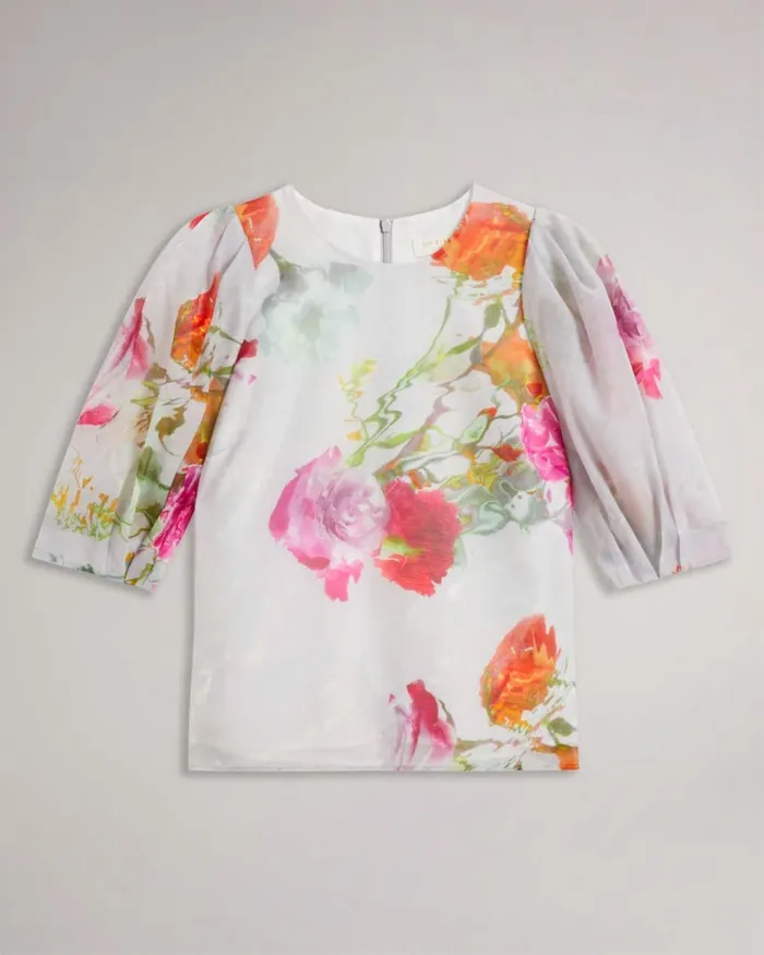 Boxy Cropped Top With Puff Sleeve White Women Ted Baker Clothing