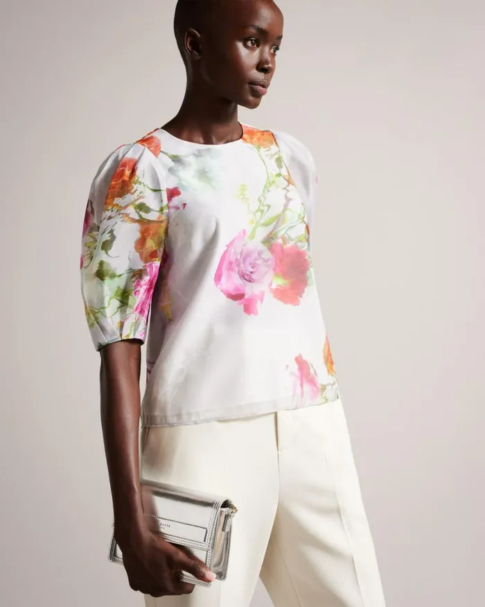 Boxy Cropped Top With Puff Sleeve White Women Ted Baker Clothing Boxy Cropped Top With Puff Sleeve White Women Ted Baker Clothing