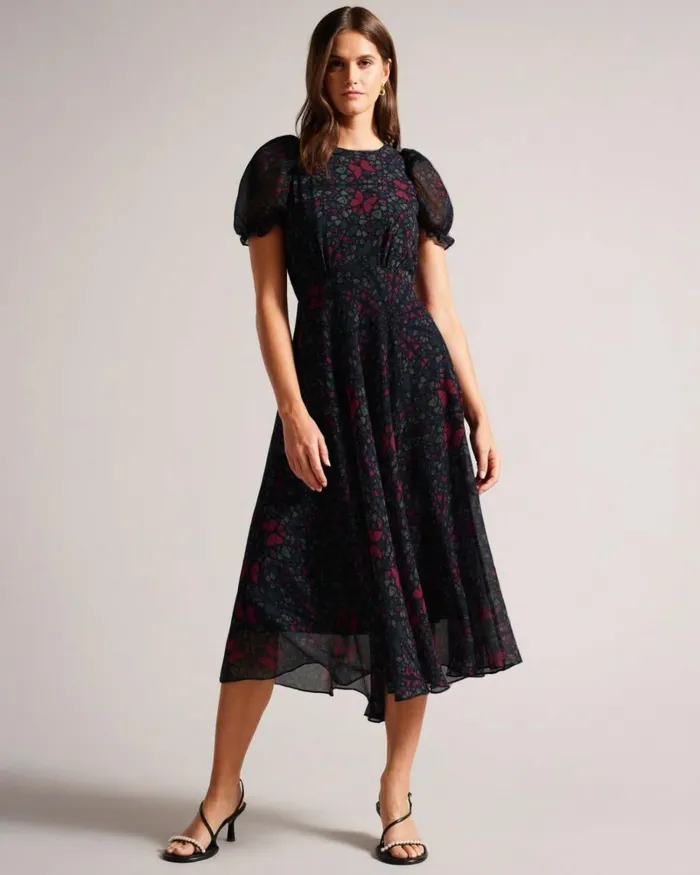 Butterfly Print Aline Midi Dress Black Women Ted Baker Clothing Butterfly Print Aline Midi Dress Black Women Ted Baker Clothing