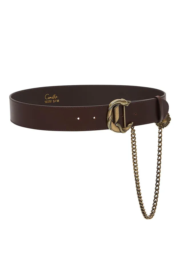 Camilla Belts C Buckle Leather Belt With Chain Solid Brown 8211 Accessories