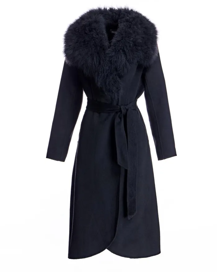 Coats Women039s Maximilian Cashmere Belted Fur Trim Coat