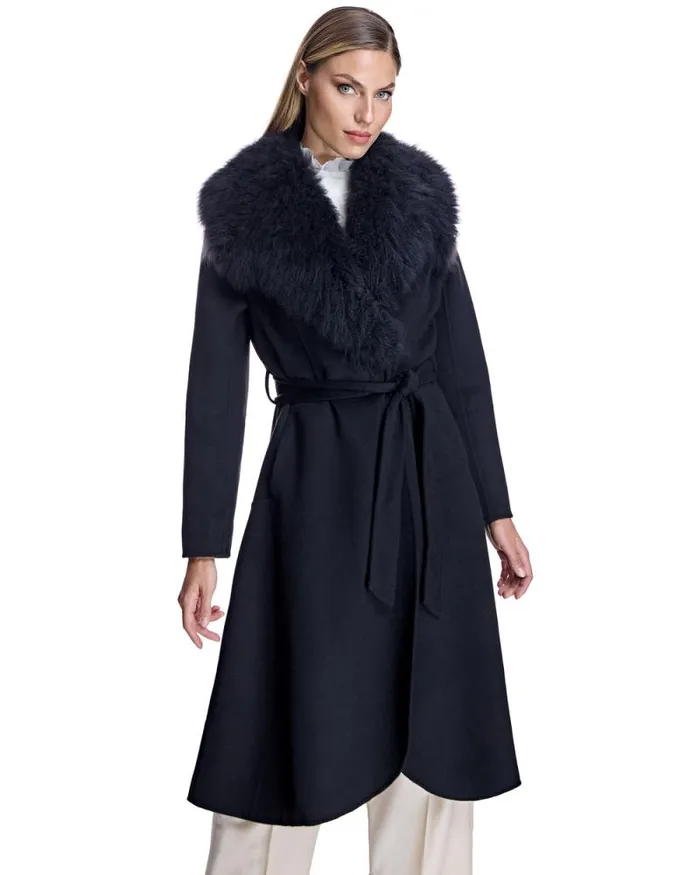 Coats Women039s Maximilian Cashmere Belted Fur Trim Coat