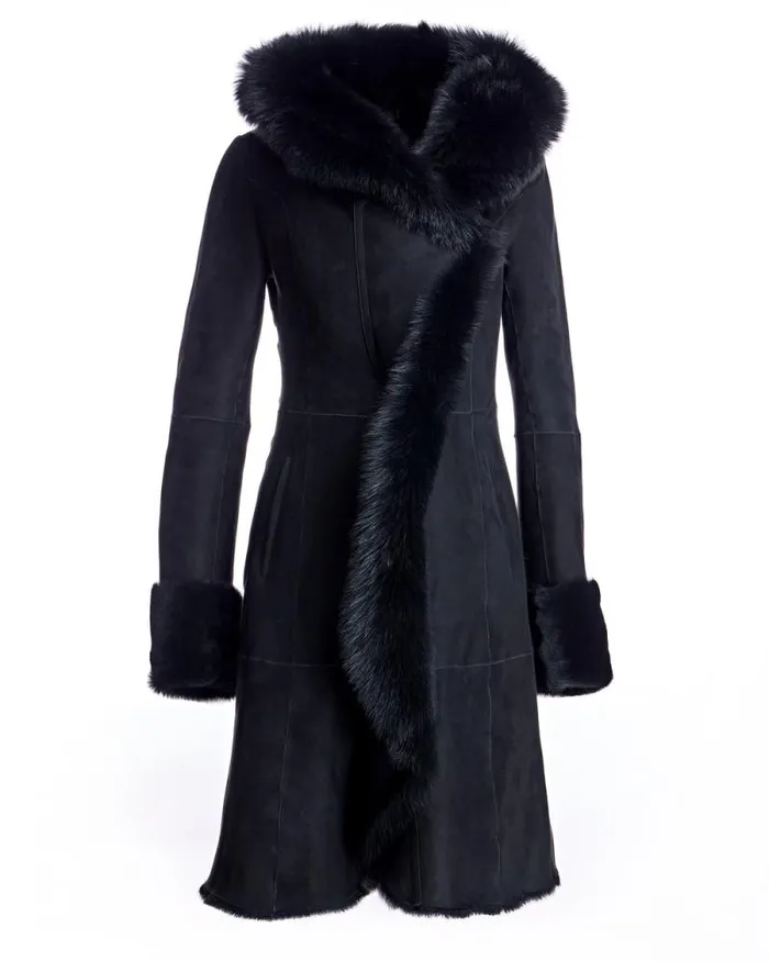 Coats Women039s Maximilian Hooded Shearling Short Coat With Ruffle Trim