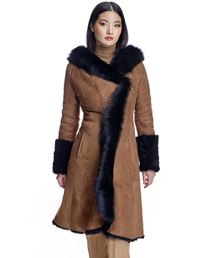 Coats Women039s Maximilian Hooded Shearling Short Coat With Ruffle Trim