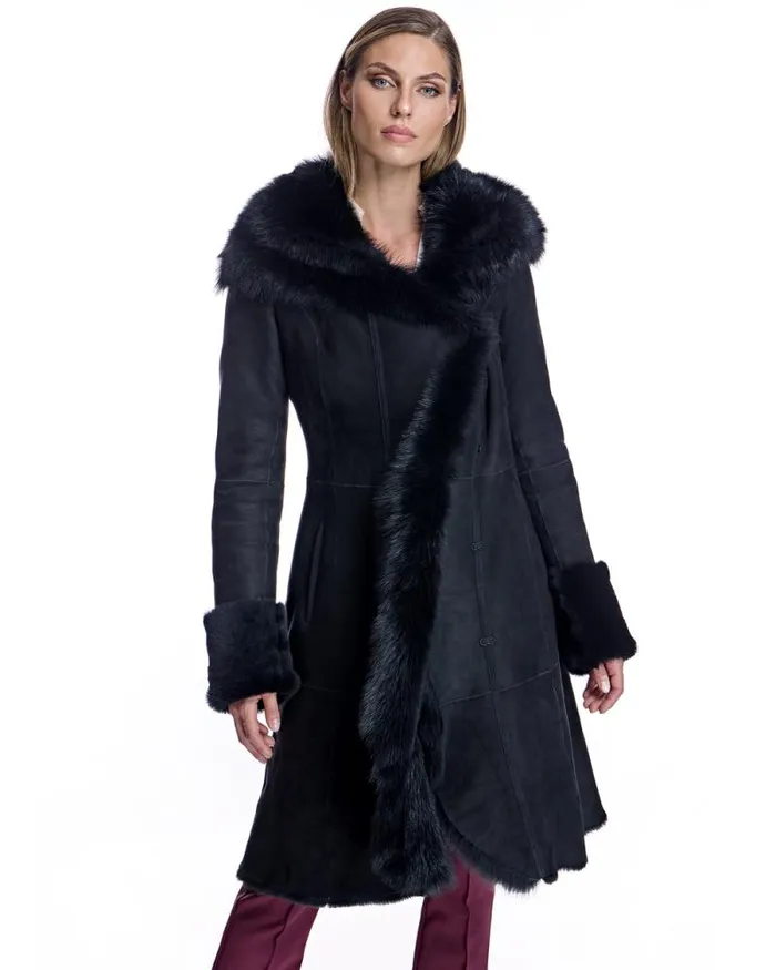 Coats Women039s Maximilian Hooded Shearling Short Coat With Ruffle Trim
