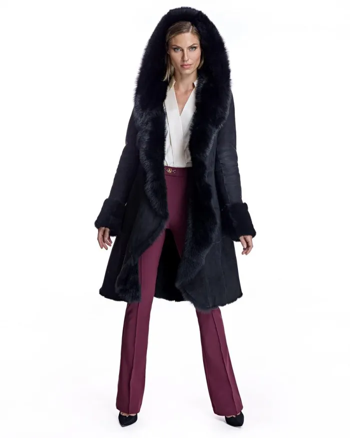 Coats Women039s Maximilian Hooded Shearling Short Coat With Ruffle Trim