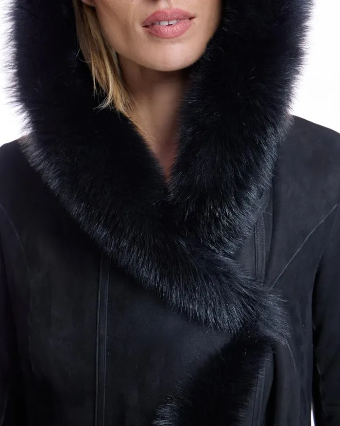 Coats Women039s Maximilian Hooded Shearling Short Coat With Ruffle Trim
