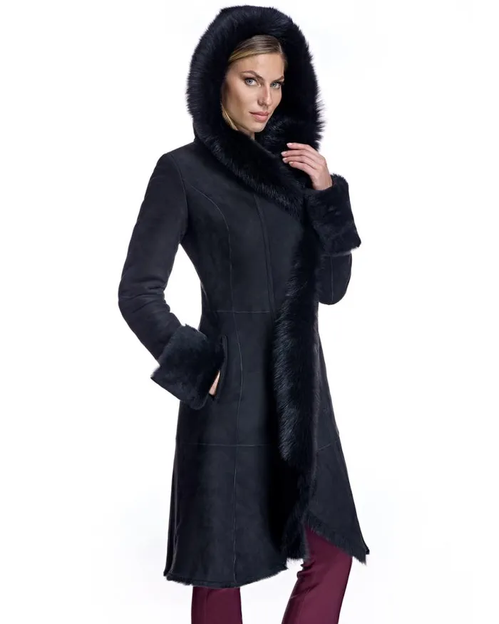 Coats Women039s Maximilian Hooded Shearling Short Coat With Ruffle Trim