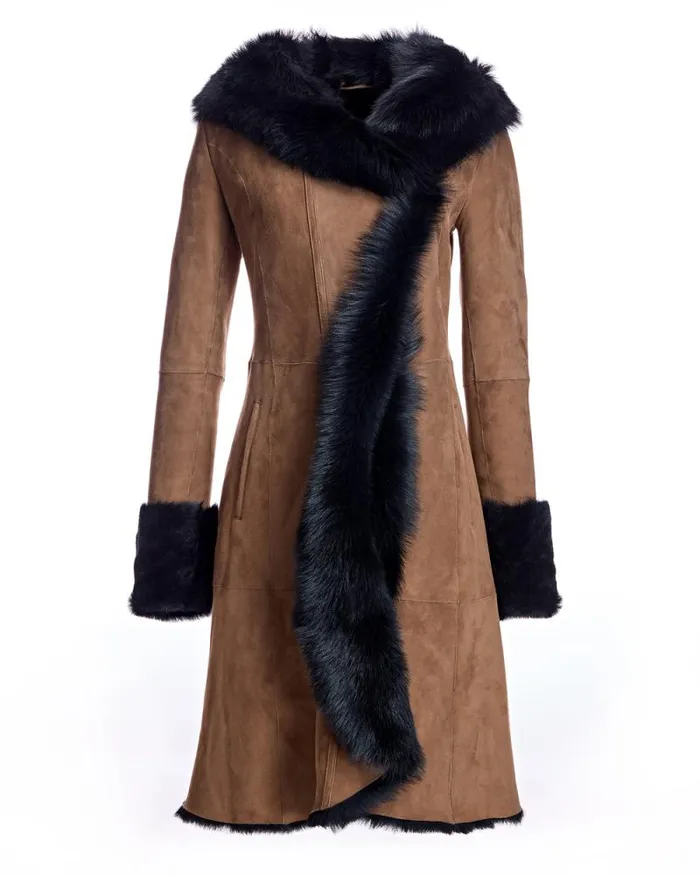 Coats Women039s Maximilian Hooded Shearling Short Coat With Ruffle Trim