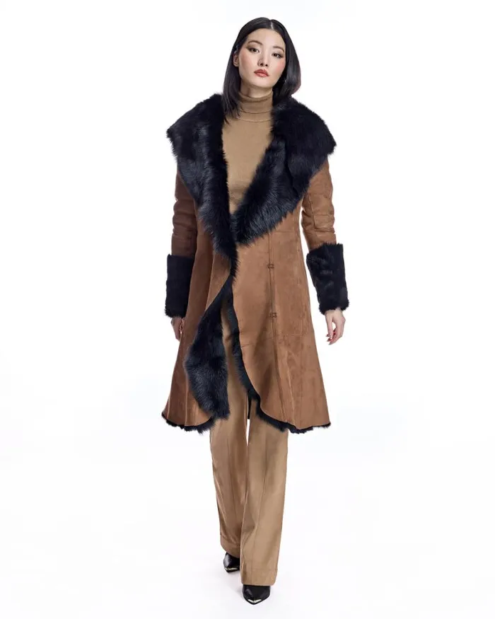 Coats Women039s Maximilian Hooded Shearling Short Coat With Ruffle Trim