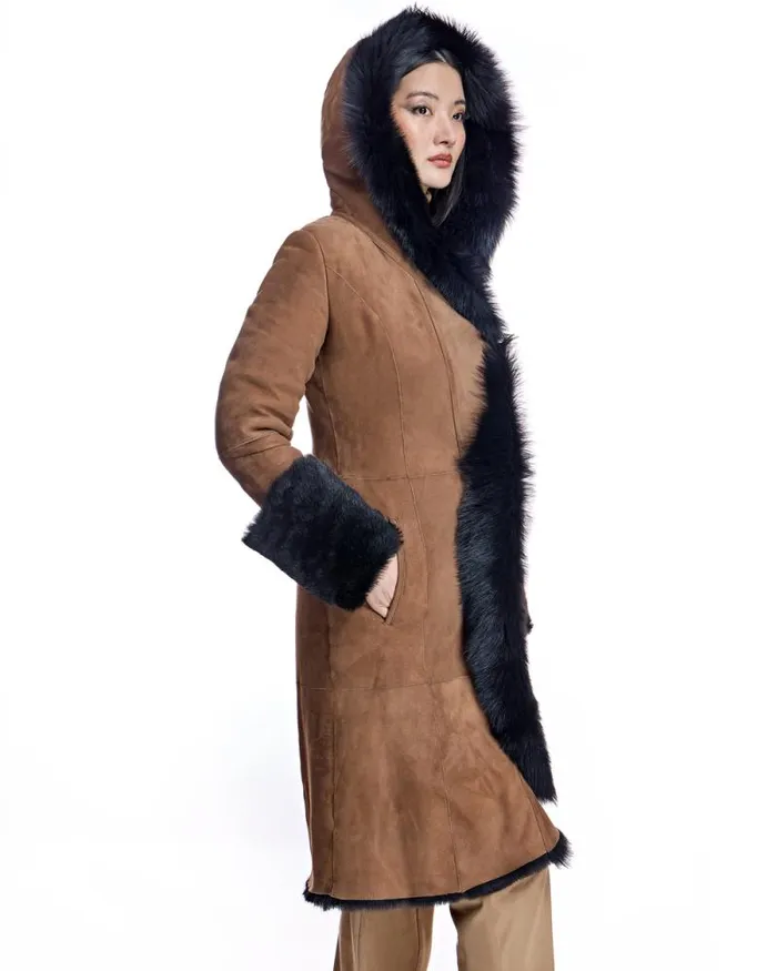 Coats Women039s Maximilian Hooded Shearling Short Coat With Ruffle Trim