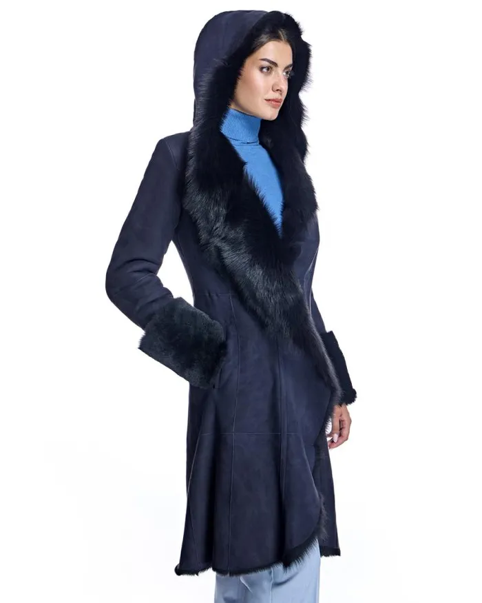 Coats Women039s Maximilian Hooded Shearling Short Coat With Ruffle Trim