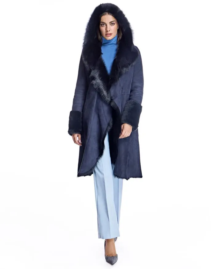 Coats Women039s Maximilian Hooded Shearling Short Coat With Ruffle Trim