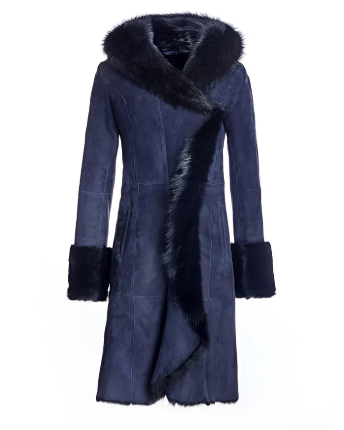 Coats Women039s Maximilian Hooded Shearling Short Coat With Ruffle Trim