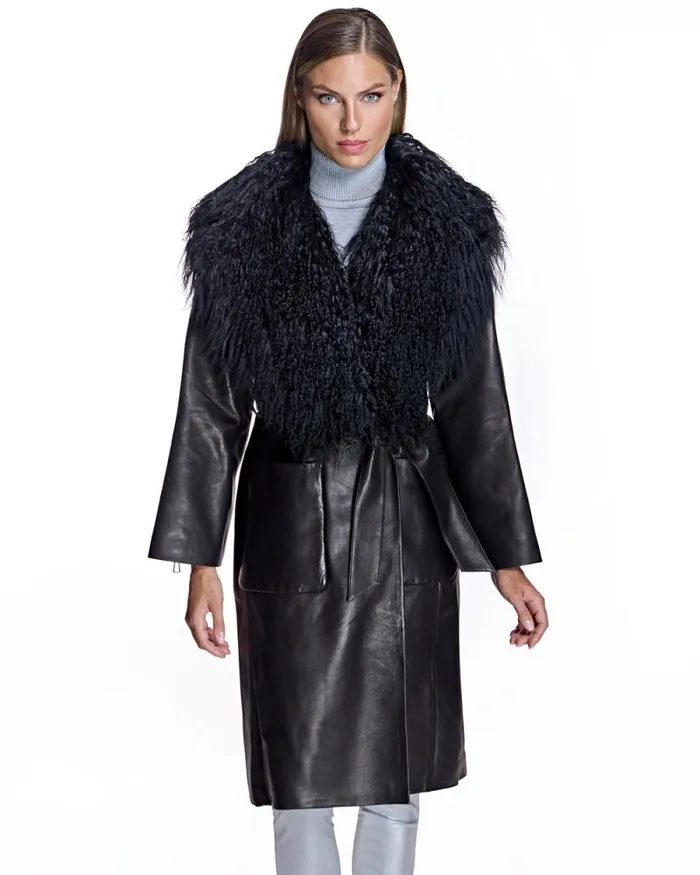 Coats Women039s Maximilian Julia and Stella Leather Wrap Coat With Dyed Mongolian Lamb CollarCuff