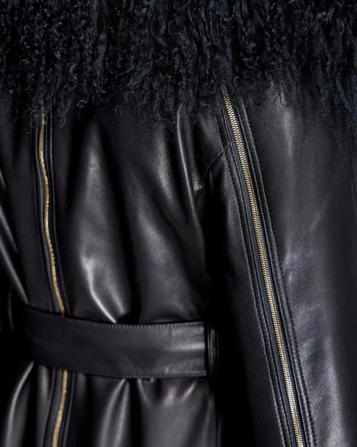 Coats Women039s Maximilian Julia and Stella Leather Wrap Coat With Dyed Mongolian Lamb CollarCuff