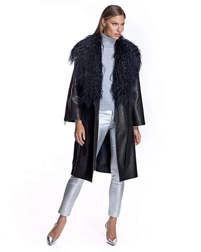 Coats Women039s Maximilian Julia and Stella Leather Wrap Coat With Dyed Mongolian Lamb CollarCuff