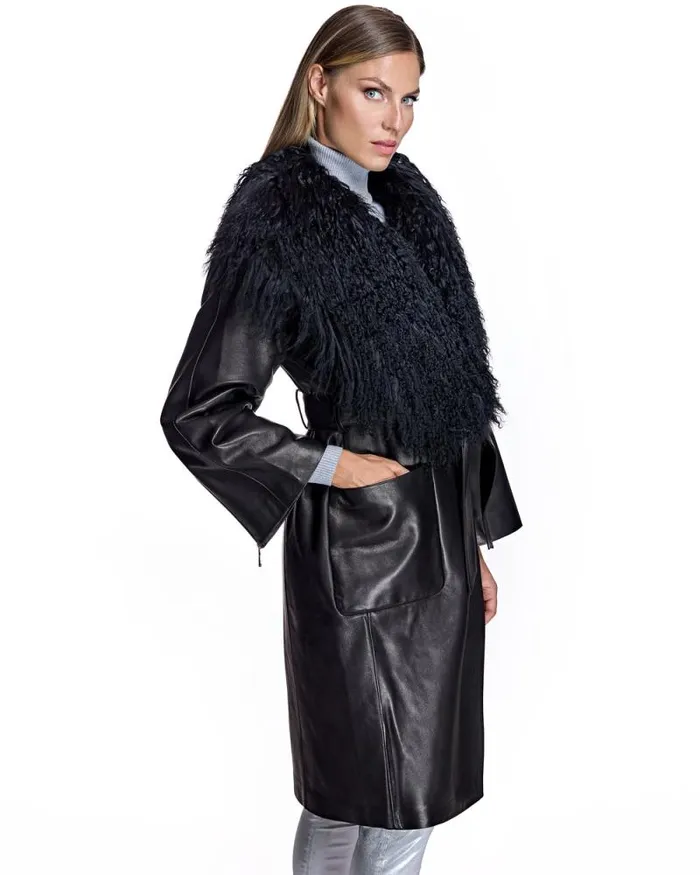Coats Women039s Maximilian Julia and Stella Leather Wrap Coat With Dyed Mongolian Lamb CollarCuff