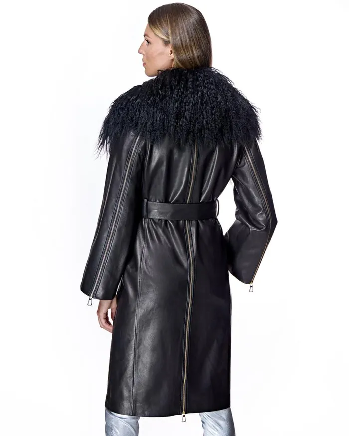 Coats Women039s Maximilian Julia and Stella Leather Wrap Coat With Dyed Mongolian Lamb CollarCuff