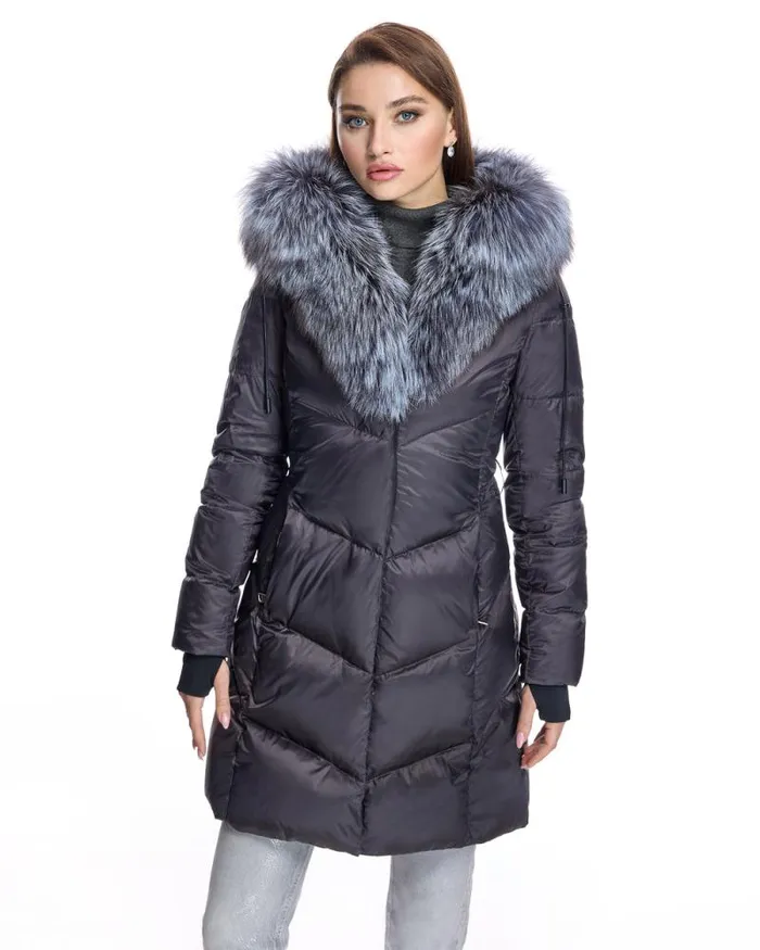 Coats Women039s Maximilian Julia and Stella Polyblend Jacket With Silver Fox Trimmed Hood