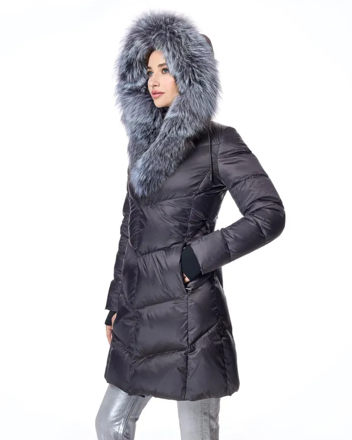 Coats Women039s Maximilian Julia and Stella Polyblend Jacket With Silver Fox Trimmed Hood