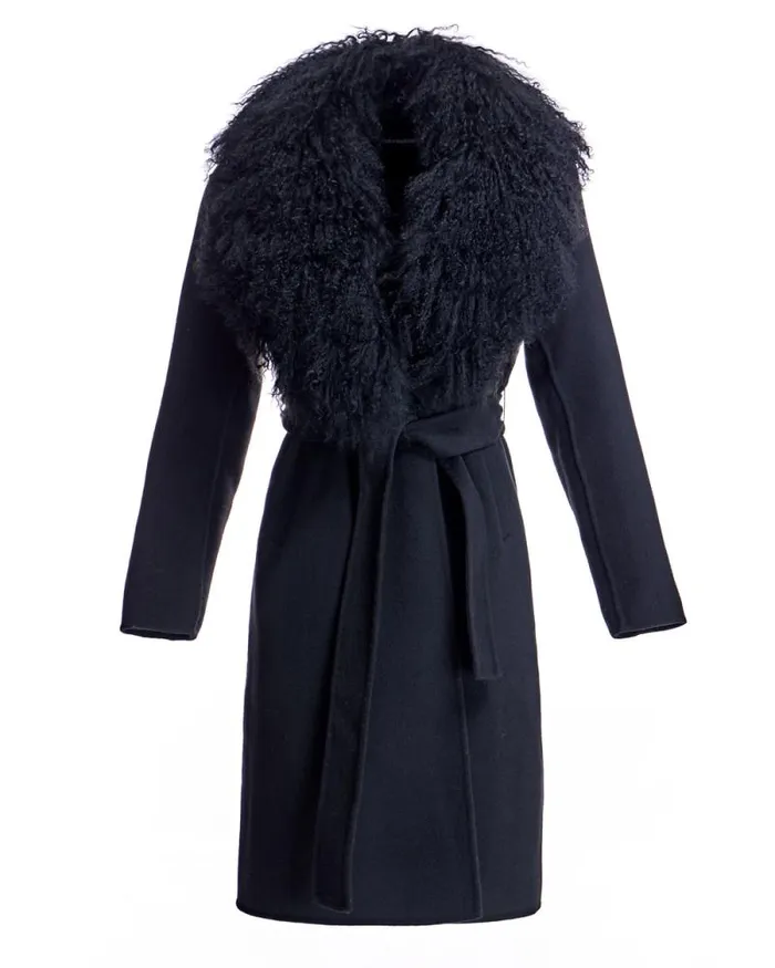 Coats Women039s Maximilian Julia and Stella Wool Wrap Coat With Shearling Collar