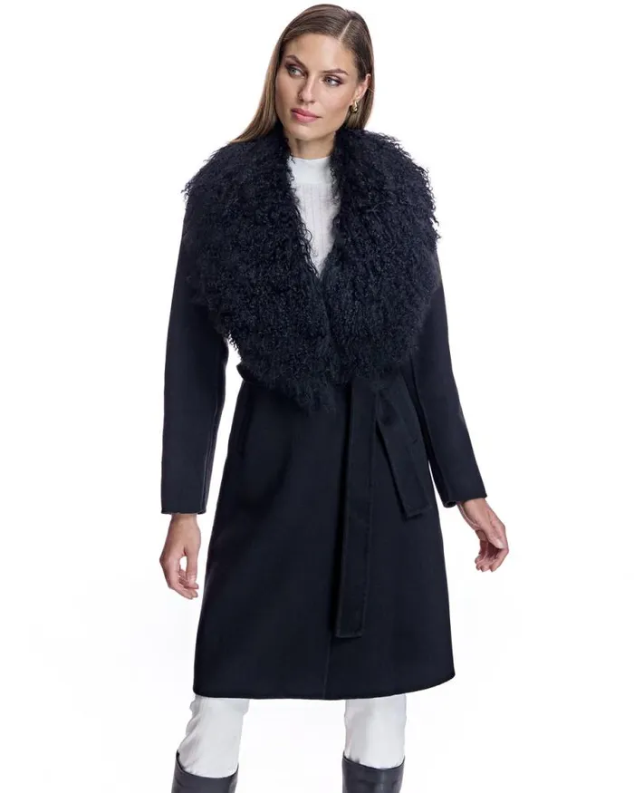 Coats Women039s Maximilian Julia and Stella Wool Wrap Coat With Shearling Collar