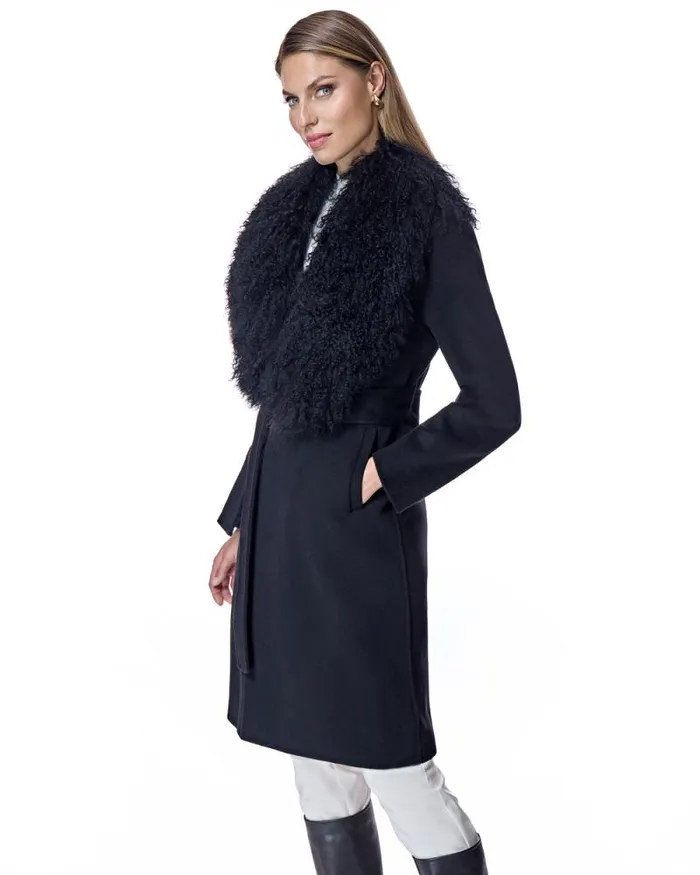 Coats Women039s Maximilian Julia and Stella Wool Wrap Coat With Shearling Collar