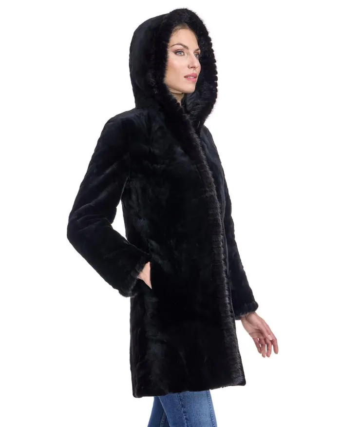 Coats Women039s Maximilian Reversible Sheared Mink Sections Coat With Long Hair Trims