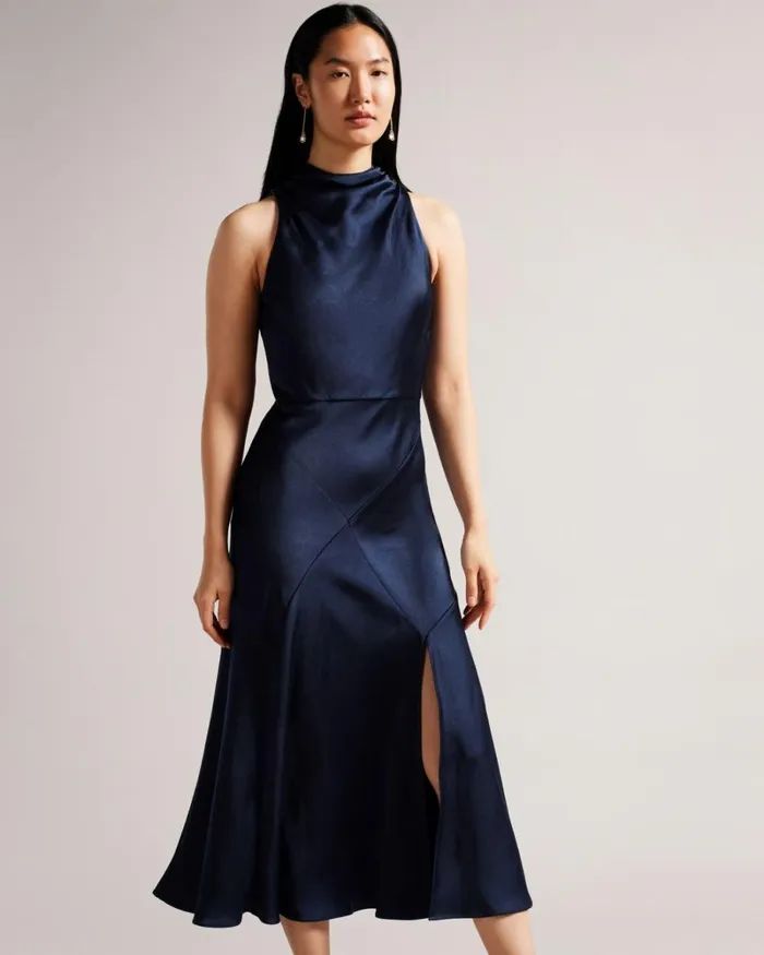 Cowl Neck Bias Cut Midi Dress Dark Blue Women Ted Baker Clothing Cowl Neck Bias Cut Midi Dress Dark Blue Women Ted Baker Clothing