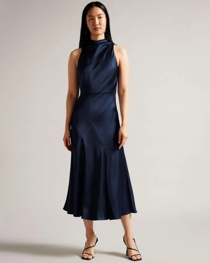 Cowl Neck Bias Cut Midi Dress Dark Blue Women Ted Baker Clothing Cowl Neck Bias Cut Midi Dress Dark Blue Women Ted Baker Clothing